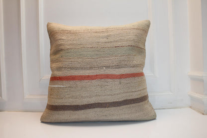 Vintage Turkish Kilim Pillow Cover | Neutral Striped Boho Cushion (27x27 inch)