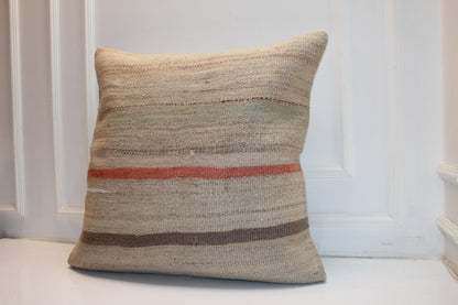 Vintage Turkish Kilim Pillow Cover | Neutral Striped Boho Cushion (27x27 inch)