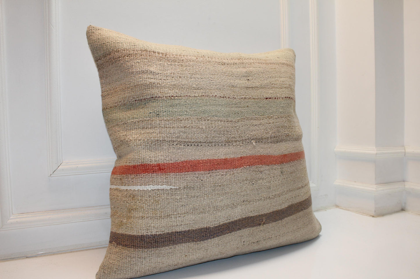 Vintage Turkish Kilim Pillow Cover | Neutral Striped Boho Cushion (27x27 inch)