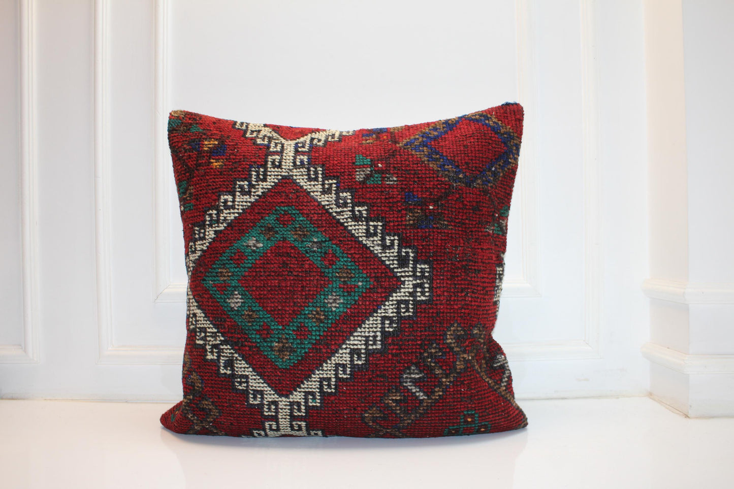 Vintage Turkish Kilim Pillow Cover | Red Geometric Boho Cushion (27x27 inch)