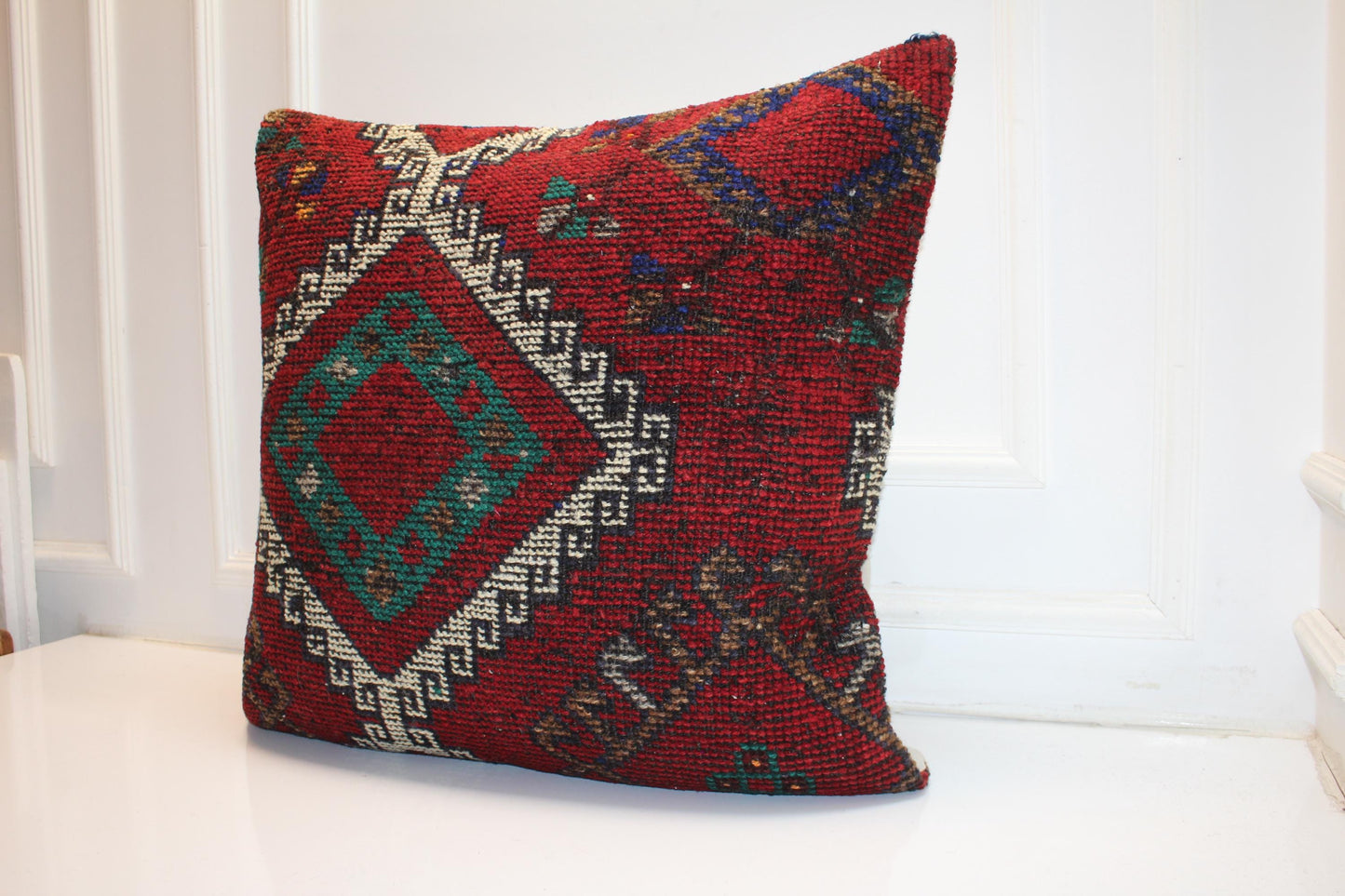 Vintage Turkish Kilim Pillow Cover | Red Geometric Boho Cushion (27x27 inch)