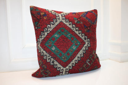 Vintage Turkish Kilim Pillow Cover | Red Geometric Boho Cushion (27x27 inch)