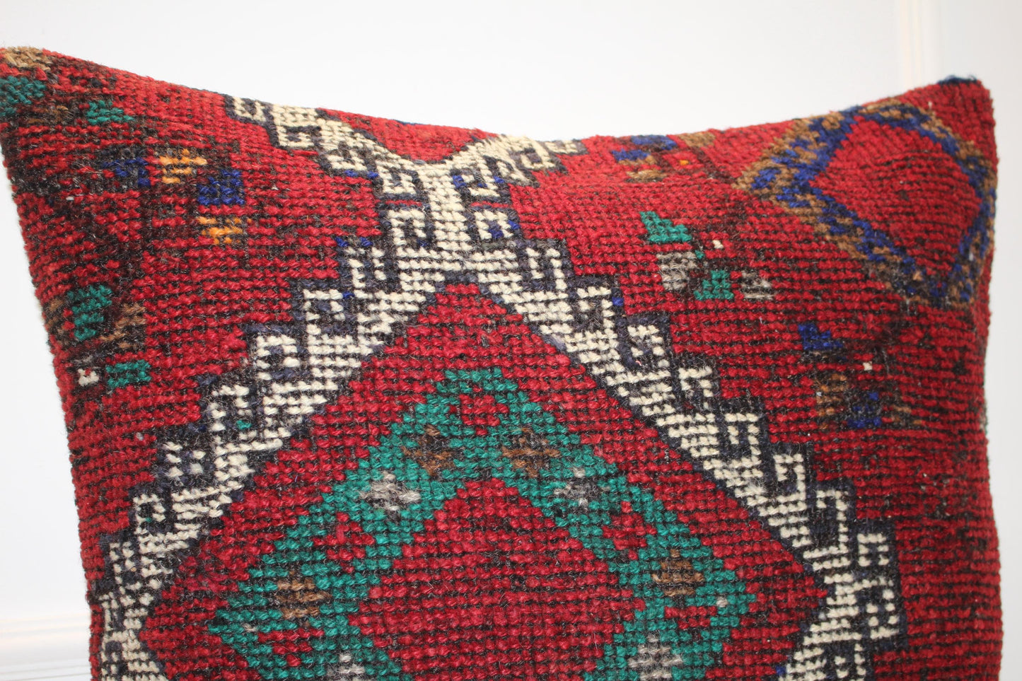 Vintage Turkish Kilim Pillow Cover | Red Geometric Boho Cushion (27x27 inch)