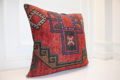 Vintage Turkish Kilim Pillow Cover | Red Ethnic Boho Cushion (27x27 inch)