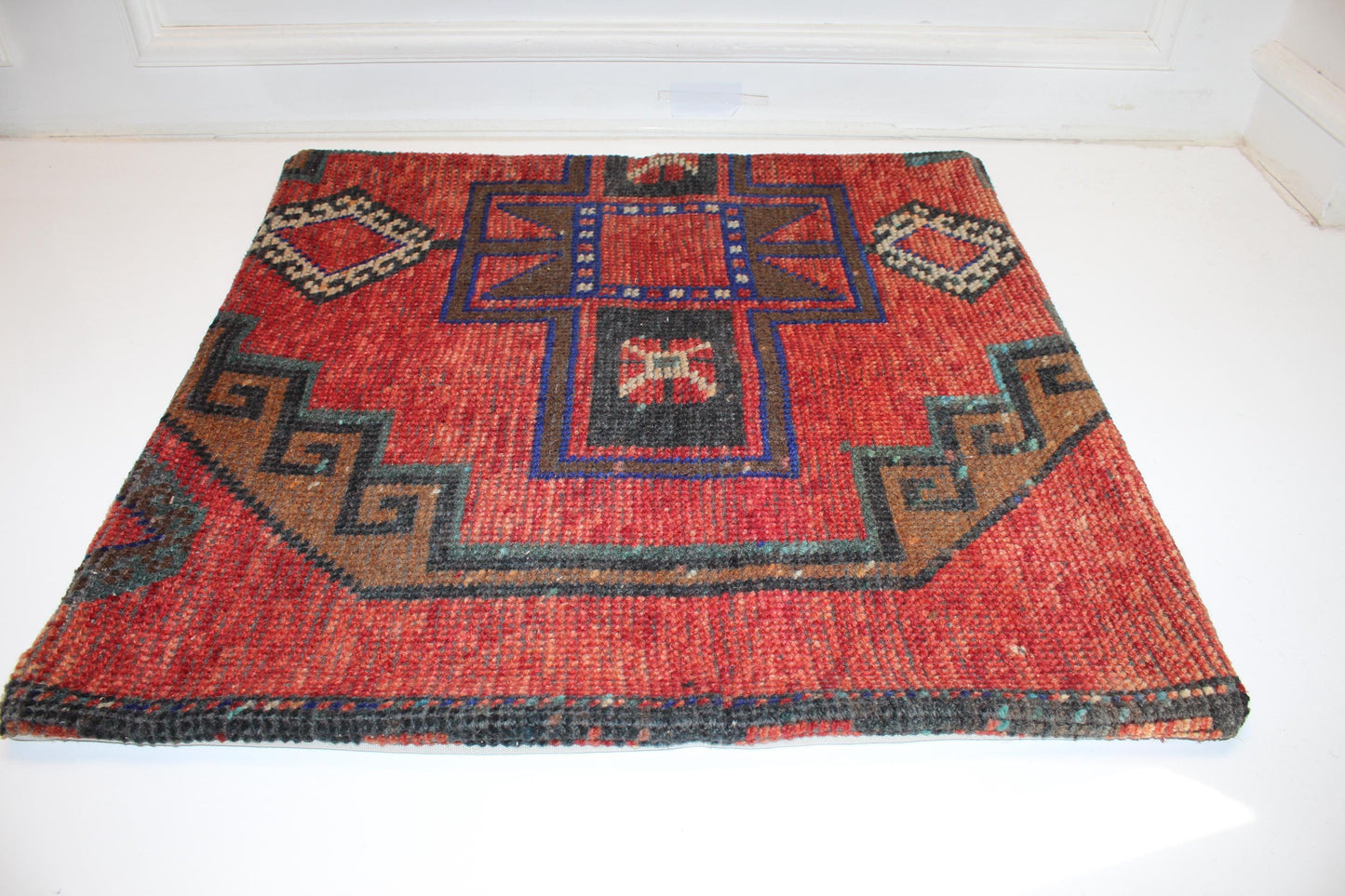 Vintage Turkish Kilim Pillow Cover | Red Ethnic Boho Cushion (27x27 inch)