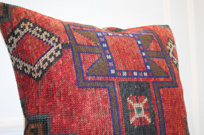 Vintage Turkish Kilim Pillow Cover | Red Ethnic Boho Cushion (27x27 inch)