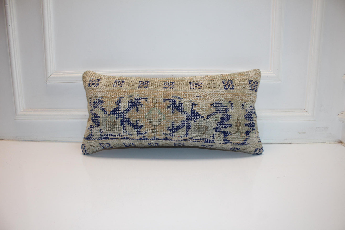 Handmade Kilim Pillow Cover: Blue Beige Tribal Rug Cushion (12x24 inch)