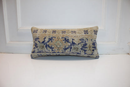 Handmade Kilim Pillow Cover: Blue Beige Tribal Rug Cushion (12x24 inch)
