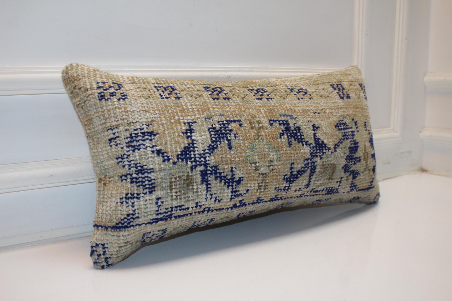Handmade Kilim Pillow Cover: Blue Beige Tribal Rug Cushion (12x24 inch)