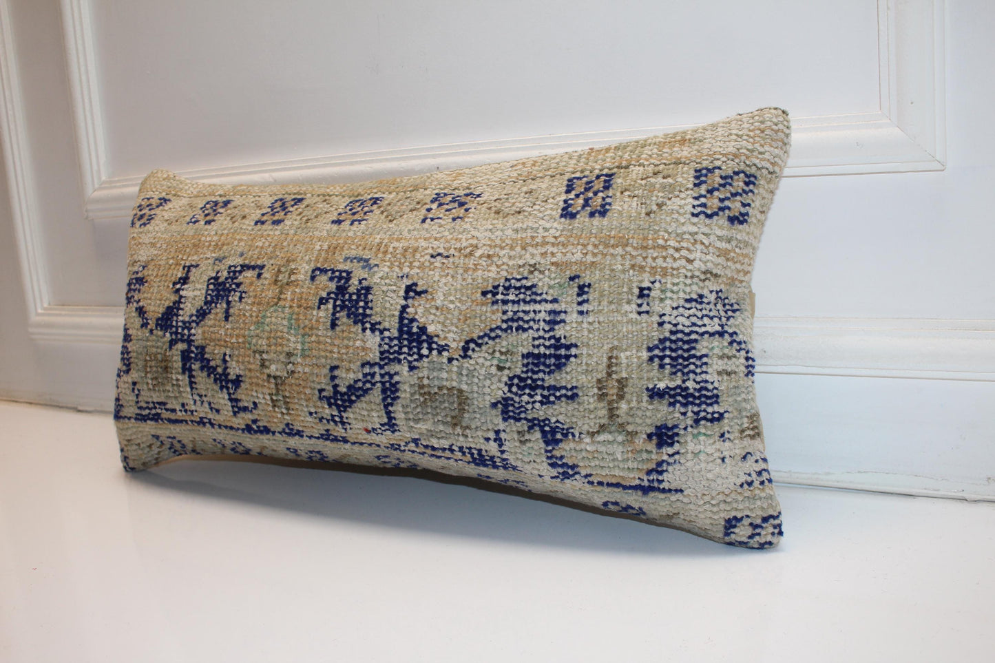 Handmade Kilim Pillow Cover: Blue Beige Tribal Rug Cushion (12x24 inch)