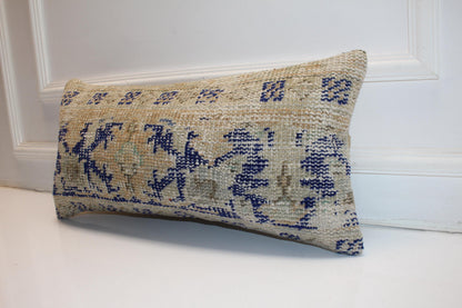 Handmade Kilim Pillow Cover: Blue Beige Tribal Rug Cushion (12x24 inch)