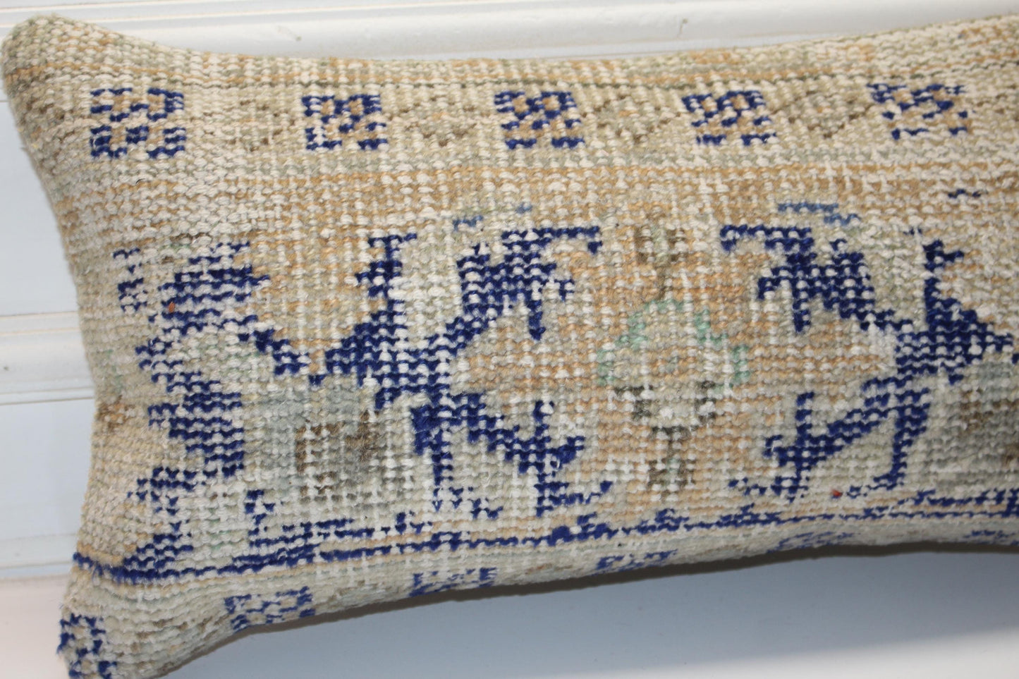 Handmade Kilim Pillow Cover: Blue Beige Tribal Rug Cushion (12x24 inch)