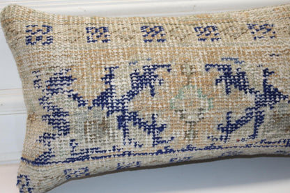 Handmade Kilim Pillow Cover: Blue Beige Tribal Rug Cushion (12x24 inch)