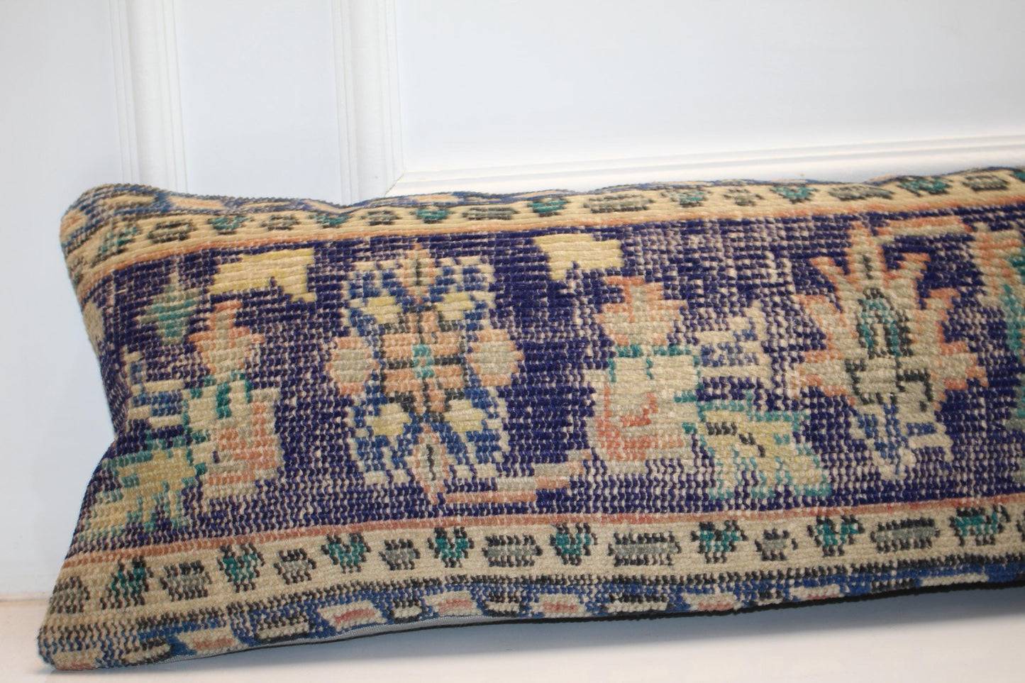 Handmade Turkish Kilim Lumbar Pillow Cover | Navy Beige Woven Rug