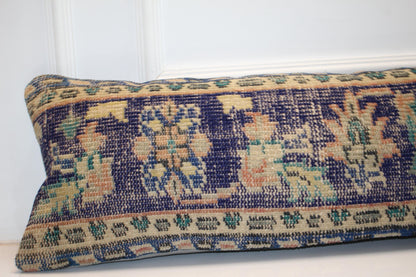 Handmade Turkish Kilim Lumbar Pillow Cover | Navy Beige Woven Rug