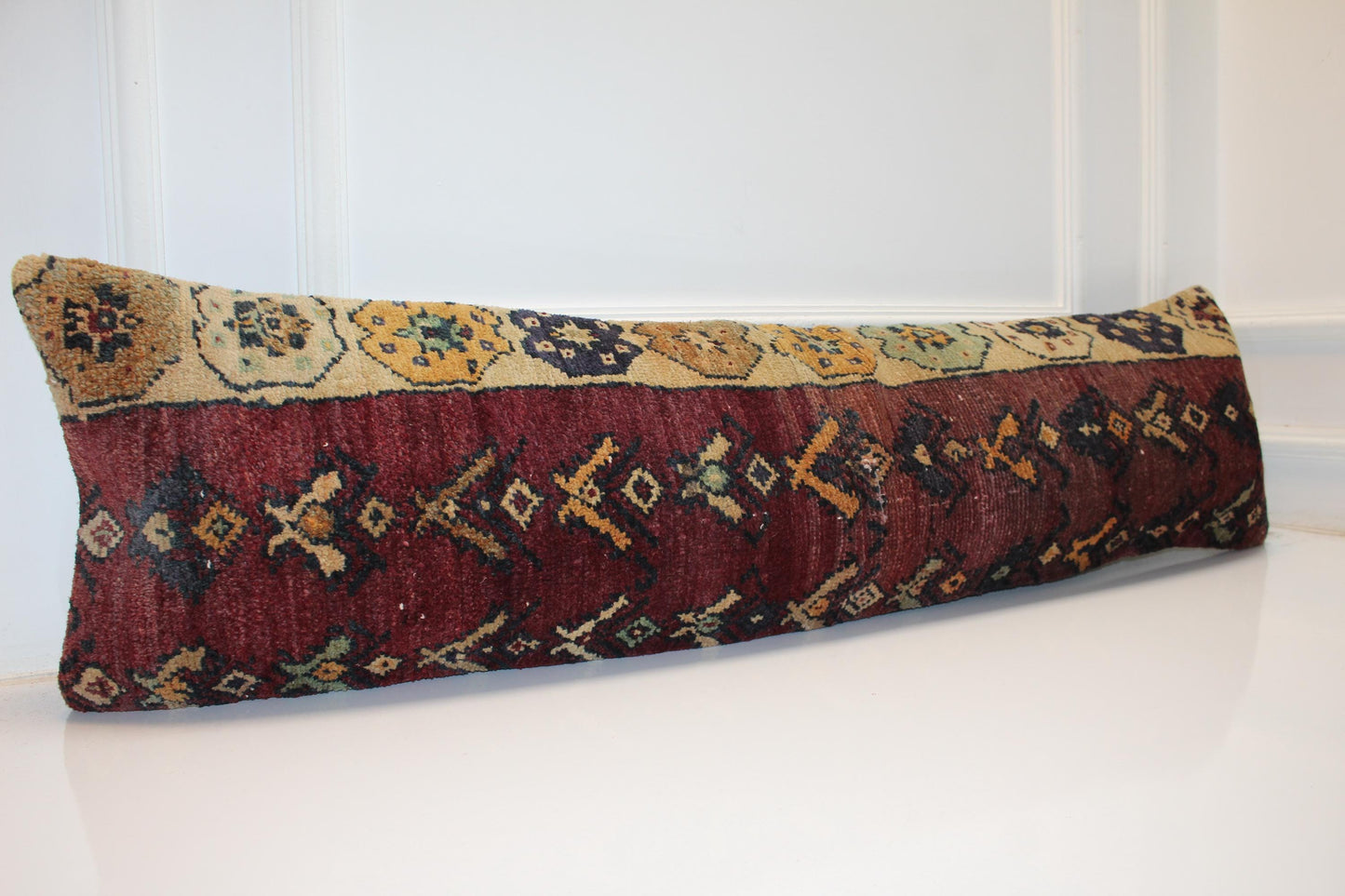 Vintage Turkish Kilim Lumbar Pillow Cover | Bed Bench Cushion | Burgundy Classic Pattern Long Pillow