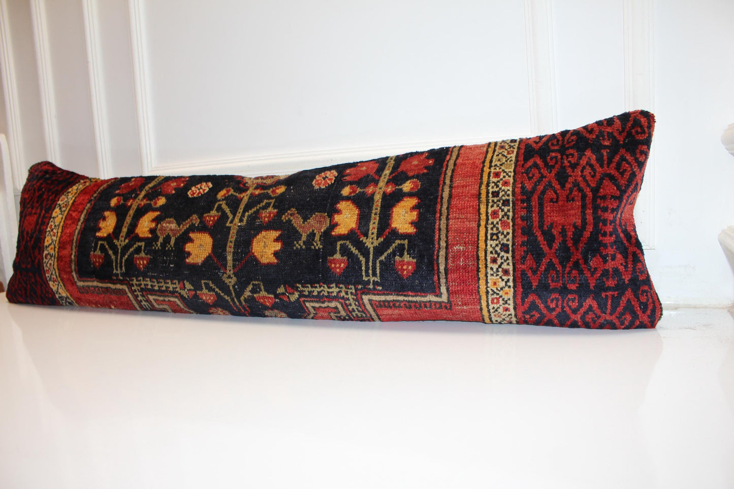 Vintage Turkish Kilim Lumbar Pillow Cover | Black Floral Bed Bench Cushion