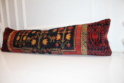 Vintage Turkish Kilim Lumbar Pillow Cover | Black Floral Bed Bench Cushion