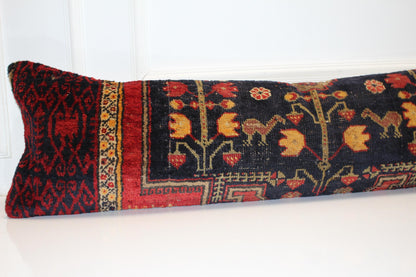 Vintage Turkish Kilim Lumbar Pillow Cover | Black Floral Bed Bench Cushion