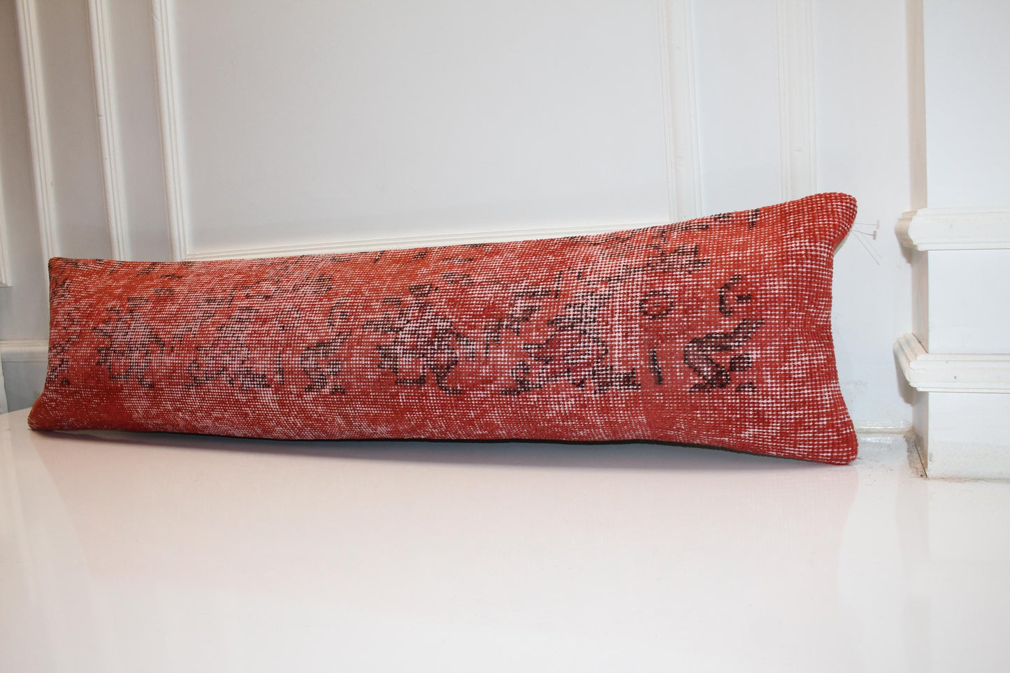 Handmade Turkish Kilim Lumbar Pillow Cover | Red Woven Wool Cushion (12x48 in.)
