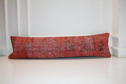 Handmade Turkish Kilim Lumbar Pillow Cover | Red Woven Wool Cushion (12x48 in.)