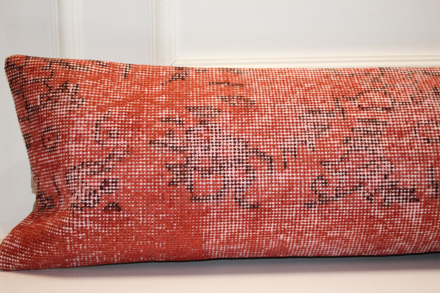 Handmade Turkish Kilim Lumbar Pillow Cover | Red Woven Wool Cushion (12x48 in.)