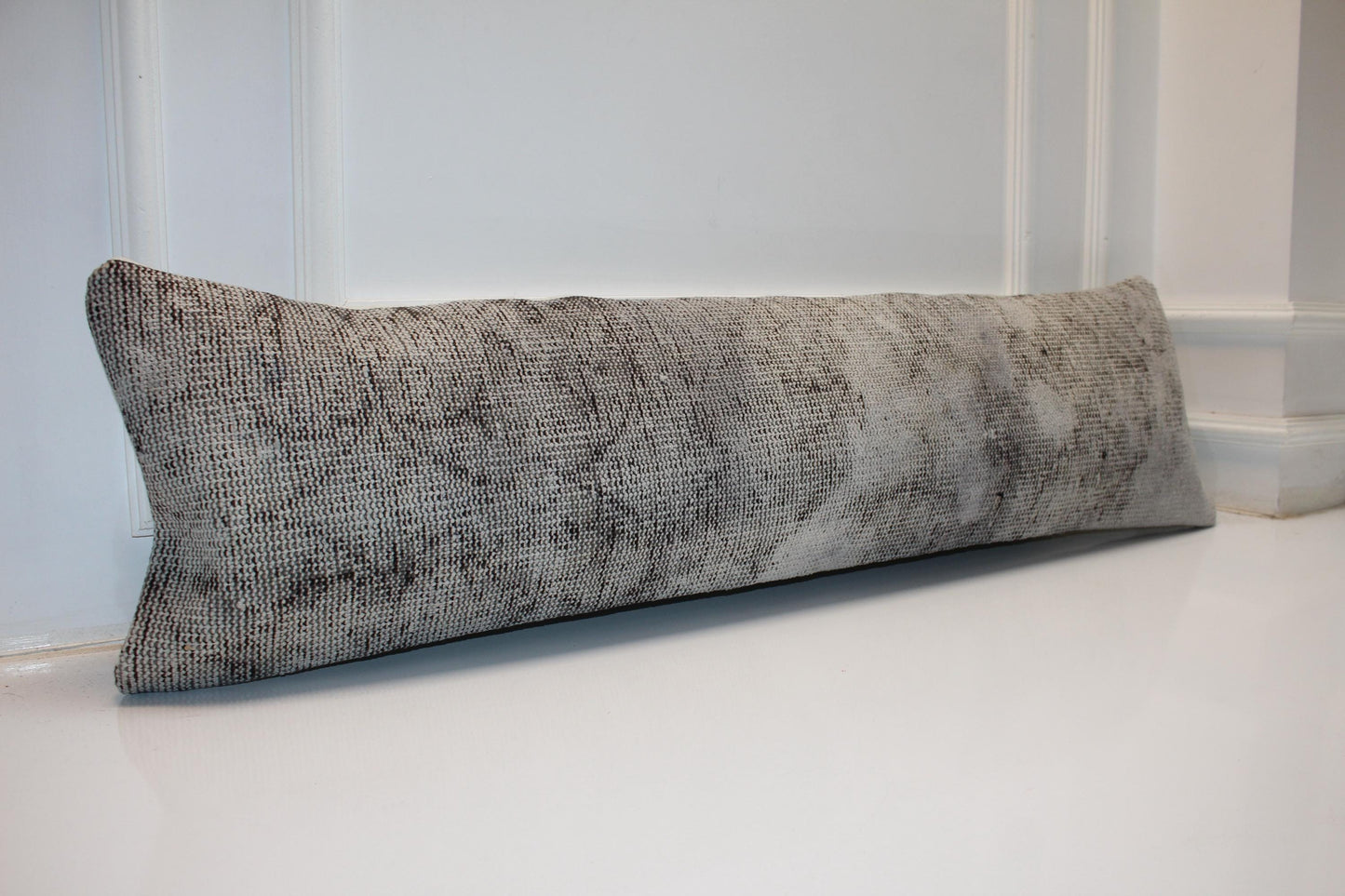 Handmade Turkish Kilim Lumbar Pillow Cover | Gray Woven Rug Cushion (12x48 in.)