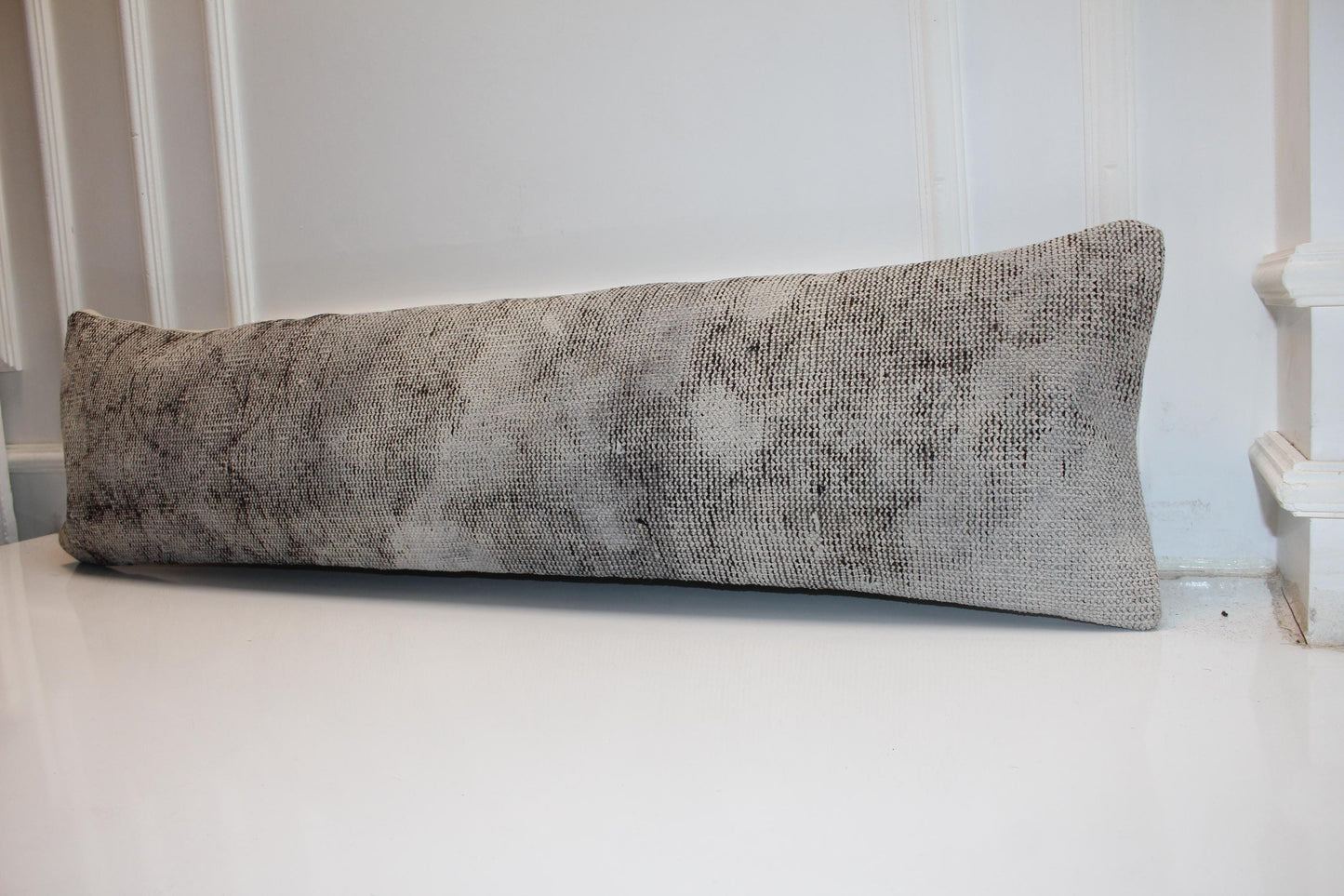 Handmade Turkish Kilim Lumbar Pillow Cover | Gray Woven Rug Cushion (12x48 in.)