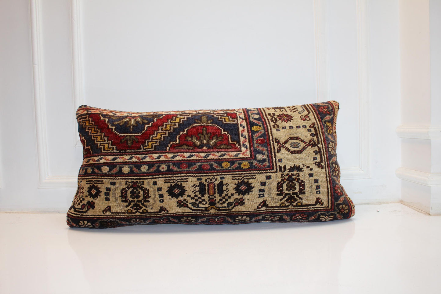 Handmade Turkish Kilim Lumbar Pillow Cover | Cream, Beige, Burgundy (16x32 in.)