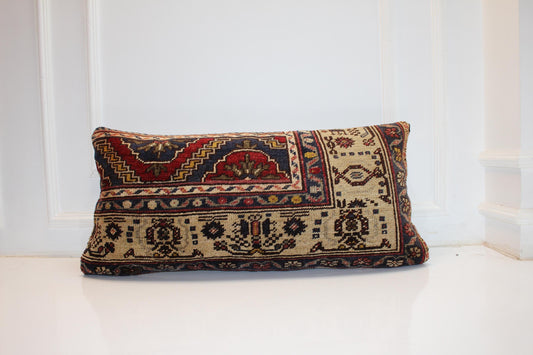 Handmade Turkish Kilim Lumbar Pillow Cover | Cream, Beige, Burgundy (16x32 in.)