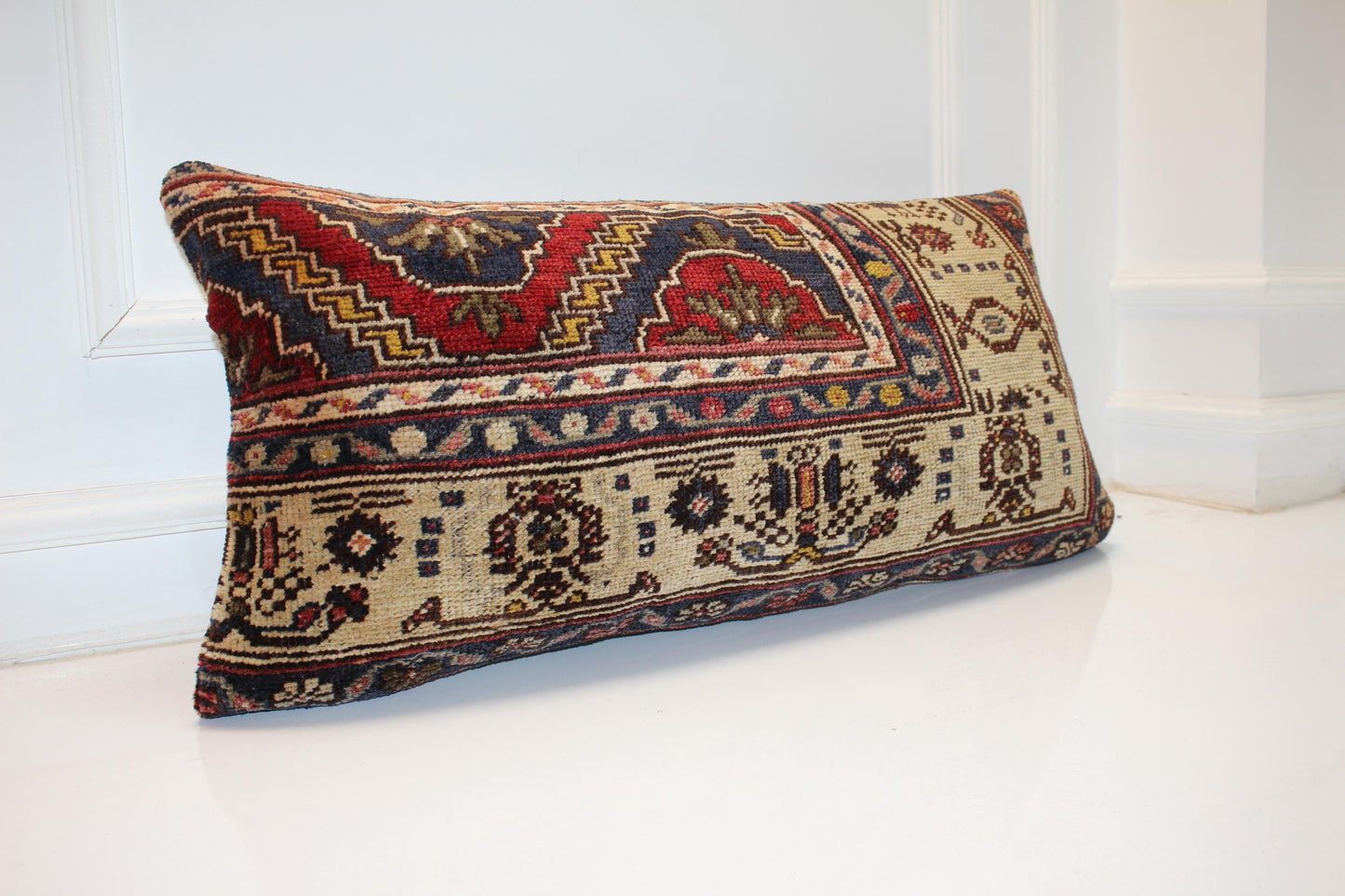 Handmade Turkish Kilim Lumbar Pillow Cover | Cream, Beige, Burgundy (16x32 in.)
