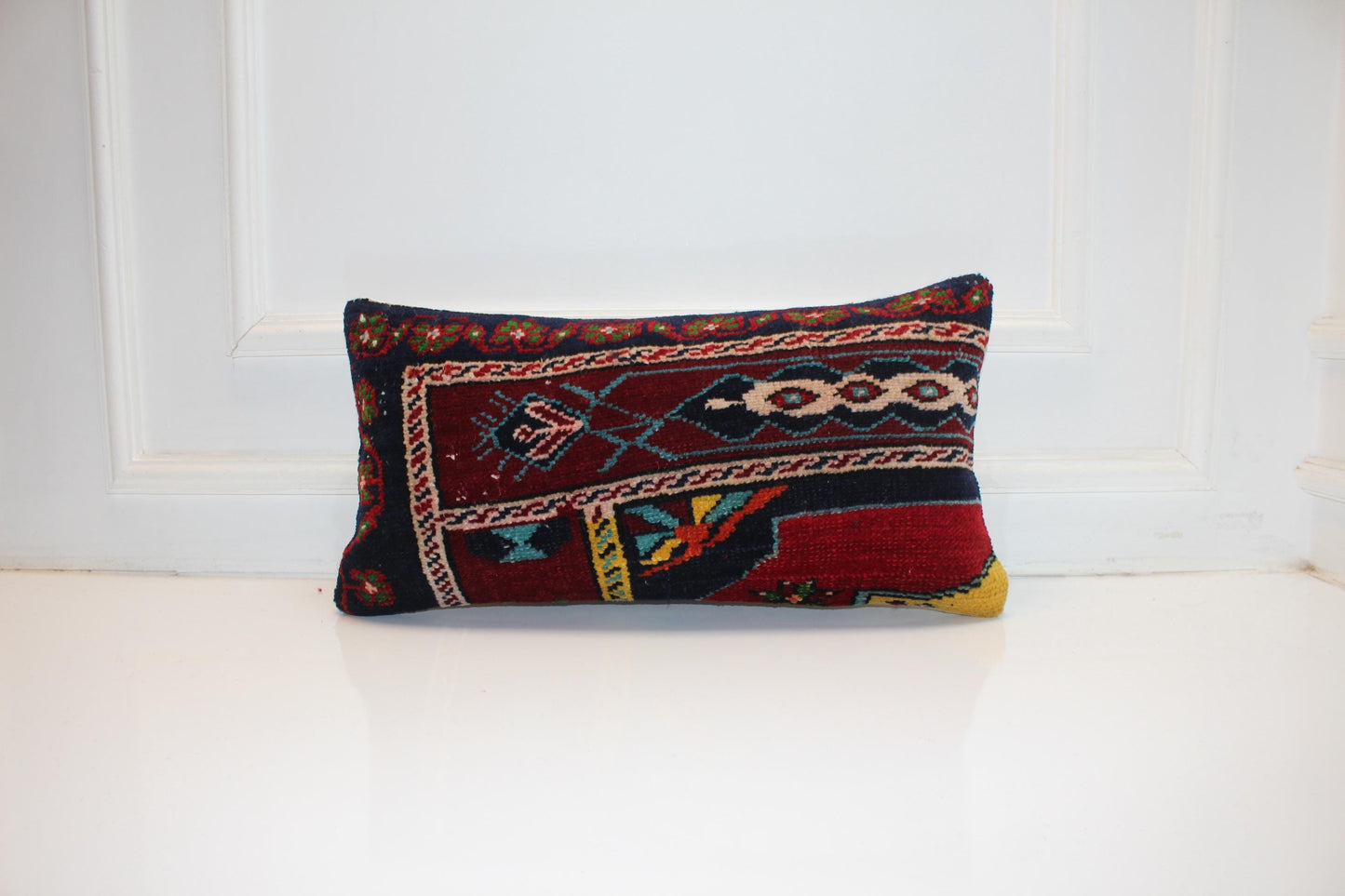 Handmade Kilim Pillow Cover 12x24 Deep Red Navy Boho Tribal Wool Cushion