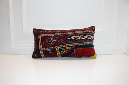 Handmade Kilim Pillow Cover 12x24 Deep Red Navy Boho Tribal Wool Cushion