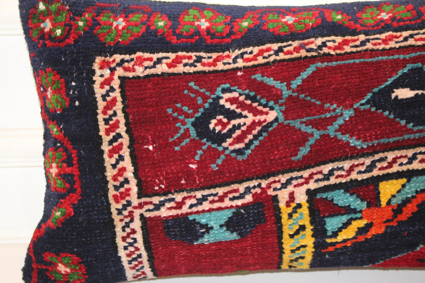 Handmade Kilim Pillow Cover 12x24 Deep Red Navy Boho Tribal Wool Cushion
