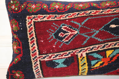 Handmade Kilim Pillow Cover 12x24 Deep Red Navy Boho Tribal Wool Cushion