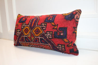 Handmade Kilim Pillow Cover: Vibrant Red Geometric Tribal Boho Cushion (12x24)