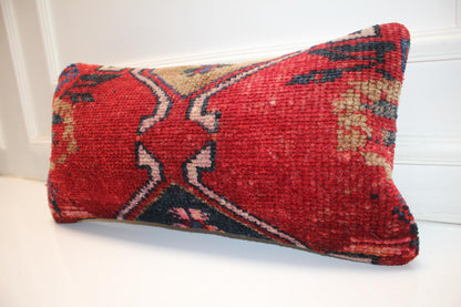 Handmade Kilim Pillow Cover 12x24 Rich Red Tribal Boho Cushion Upcycled Rug Accent