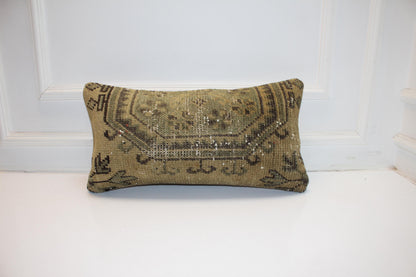 Washed Antique Kilim Lumbar Pillow 12x24 Earthy Beige Boho Cushion Cover Vintage Tribal Accent