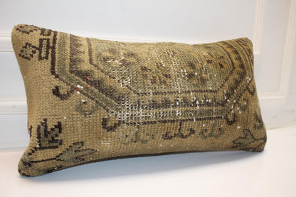 Washed Antique Kilim Lumbar Pillow 12x24 Earthy Beige Boho Cushion Cover Vintage Tribal Accent