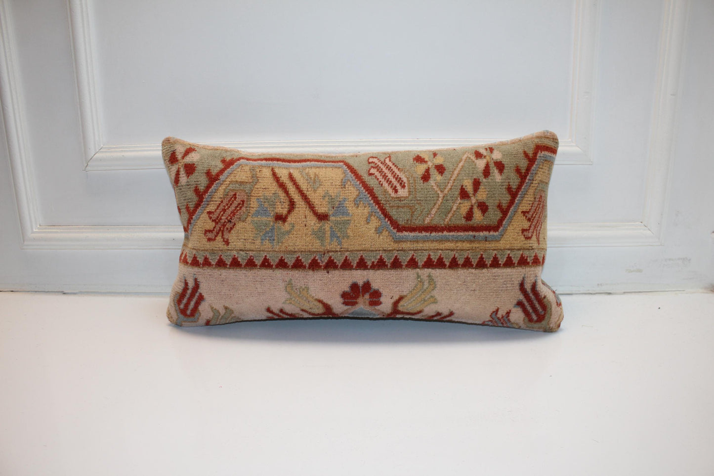 Romantic Vintage Kilim Lumbar Pillow 12x24 Soft Beige Red Boho Cushion Cover Anatolian Accent