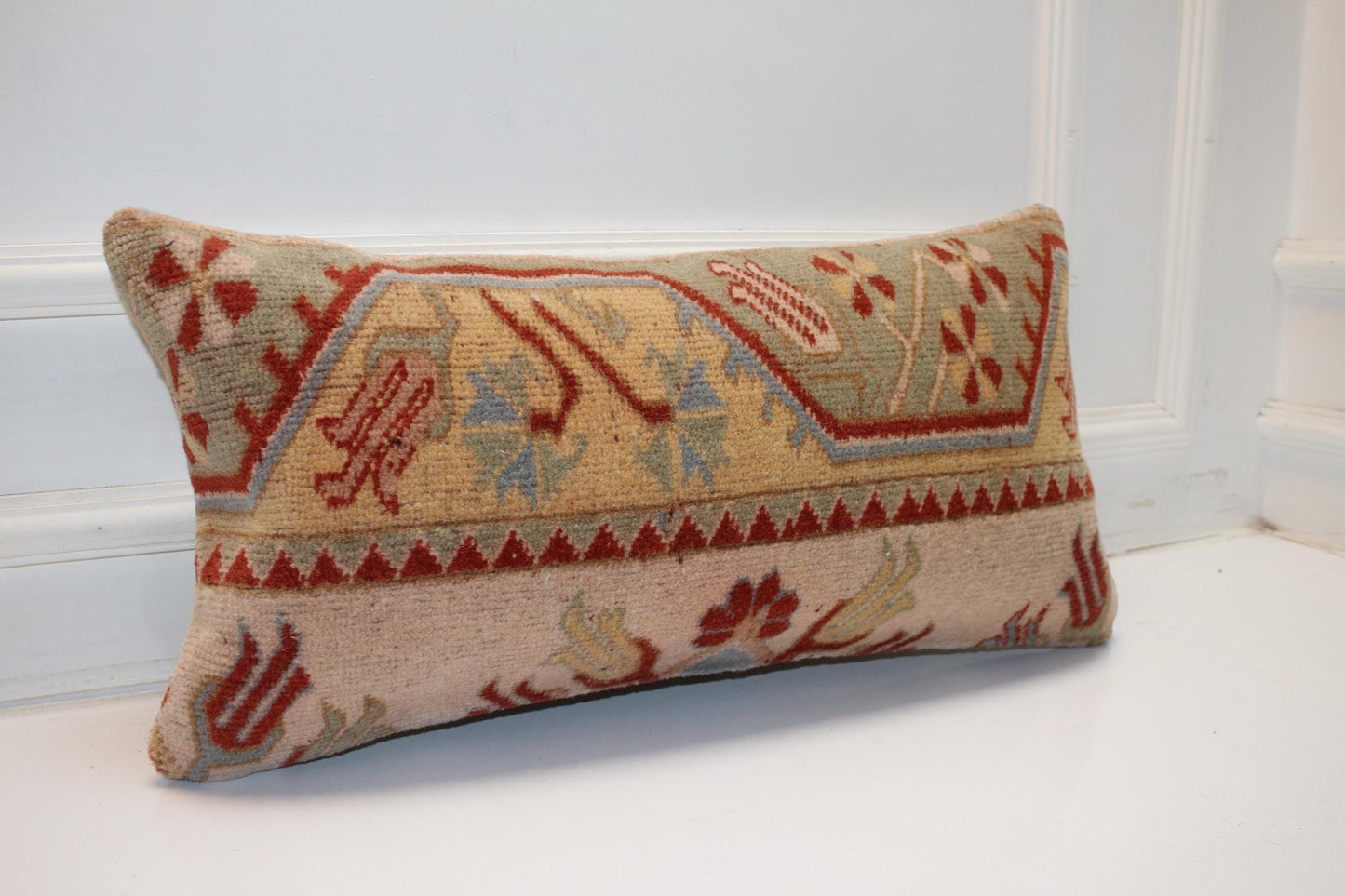 Romantic Vintage Kilim Lumbar Pillow 12x24 Soft Beige Red Boho Cushion Cover Anatolian Accent