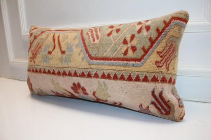 Romantic Vintage Kilim Lumbar Pillow 12x24 Soft Beige Red Boho Cushion Cover Anatolian Accent