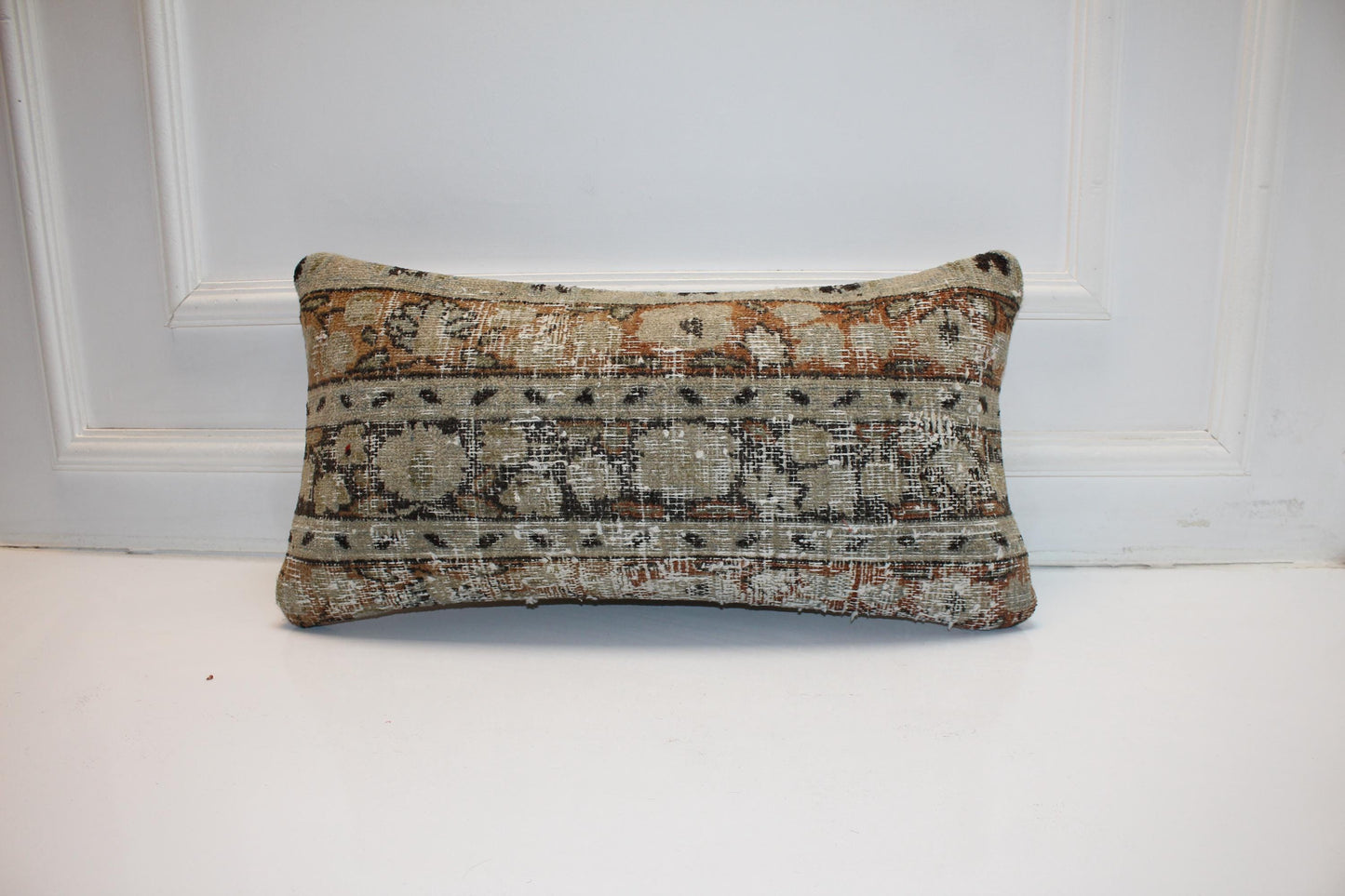 Distressed Vintage Kilim Lumbar Pillow 12x24 Neutral Beige Boho Cushion Cover Antique Tribal Accent