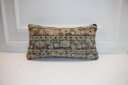 Distressed Vintage Kilim Lumbar Pillow 12x24 Neutral Beige Boho Cushion Cover Antique Tribal Accent