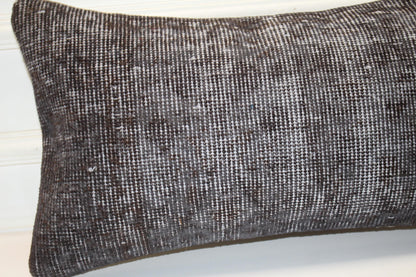 Charcoal Vintage Kilim Lumbar Pillow 12x24 Minimalist Neutral Cushion Cover Dark Boho Accent