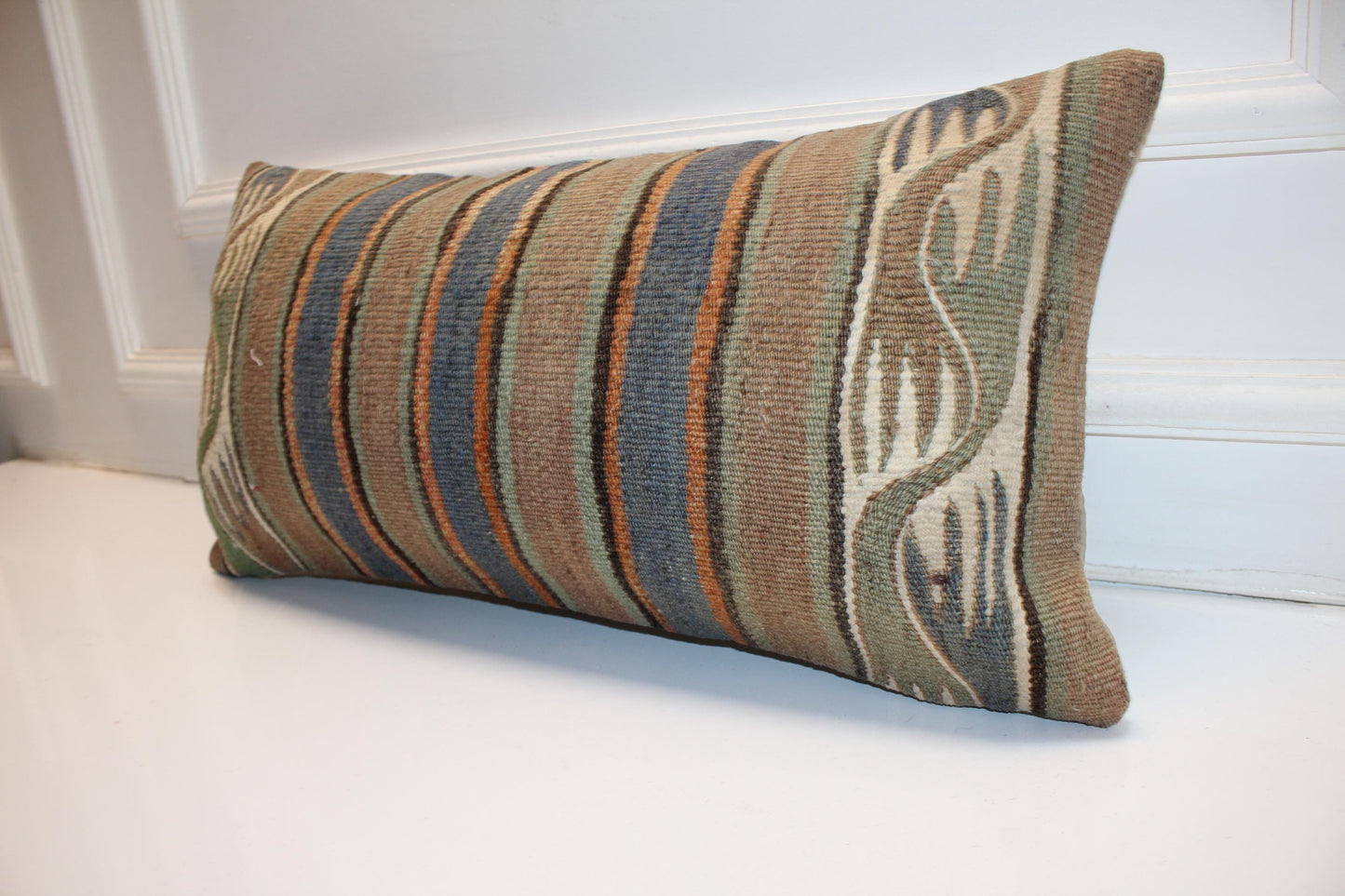 Earthy Striped Kilim Lumbar Pillow 12x24 Neutral Boho Cushion Cover Rustic Vintage Woven Accent