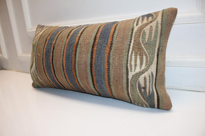 Earthy Striped Kilim Lumbar Pillow 12x24 Neutral Boho Cushion Cover Rustic Vintage Woven Accent