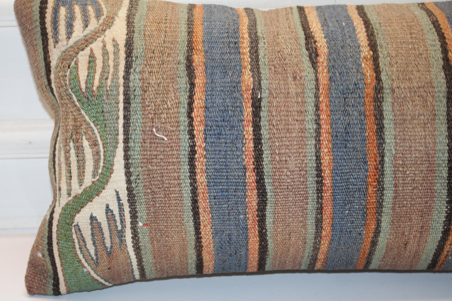 Earthy Striped Kilim Lumbar Pillow 12x24 Neutral Boho Cushion Cover Rustic Vintage Woven Accent