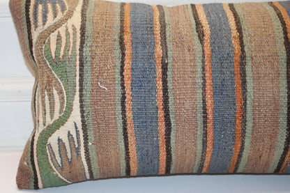 Earthy Striped Kilim Lumbar Pillow 12x24 Neutral Boho Cushion Cover Rustic Vintage Woven Accent