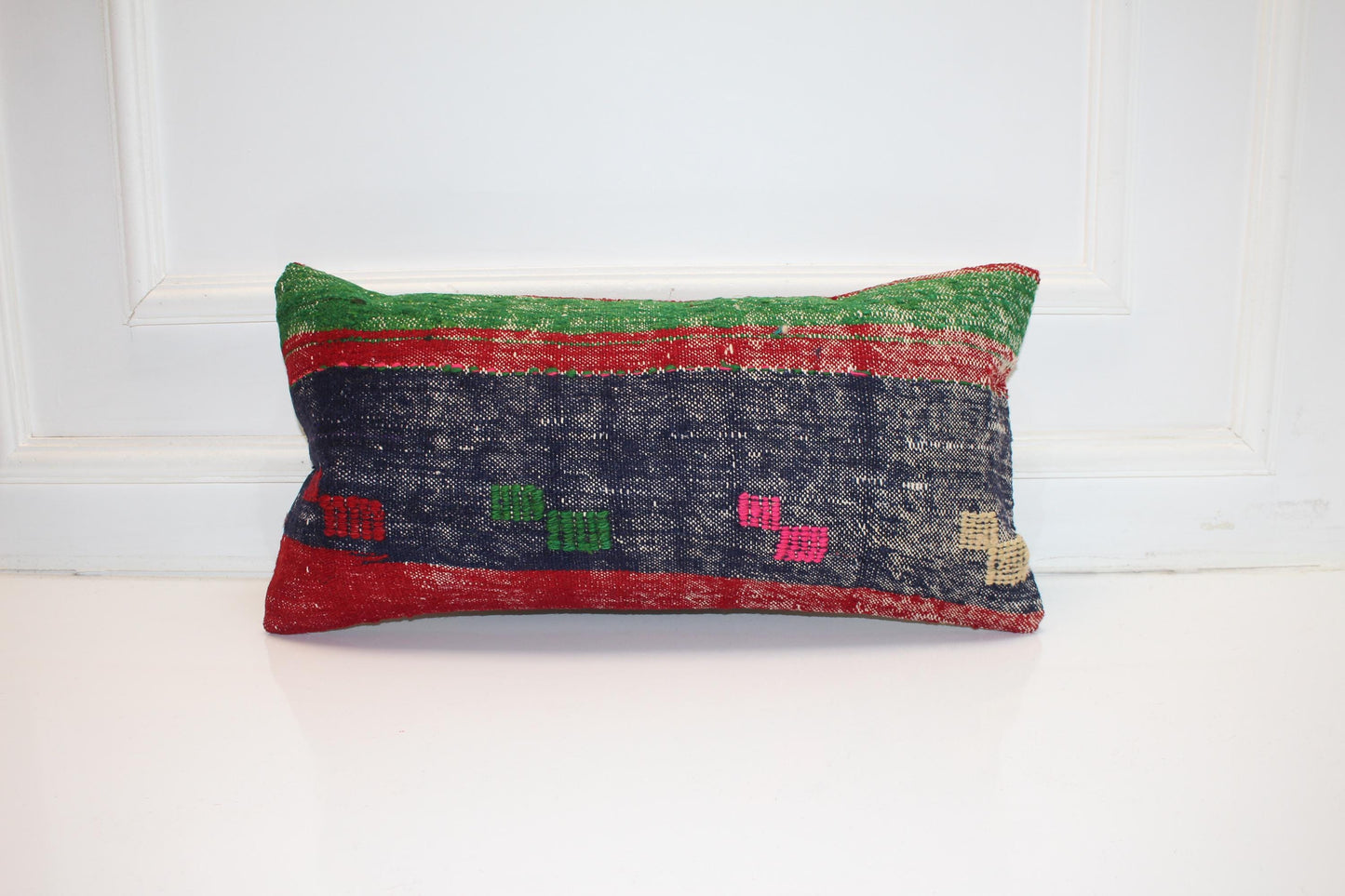 Handmade Kilim Pillow Cover 12x24: Upcycled Wool Boho Cushion Navy Red Green Tribal Accent